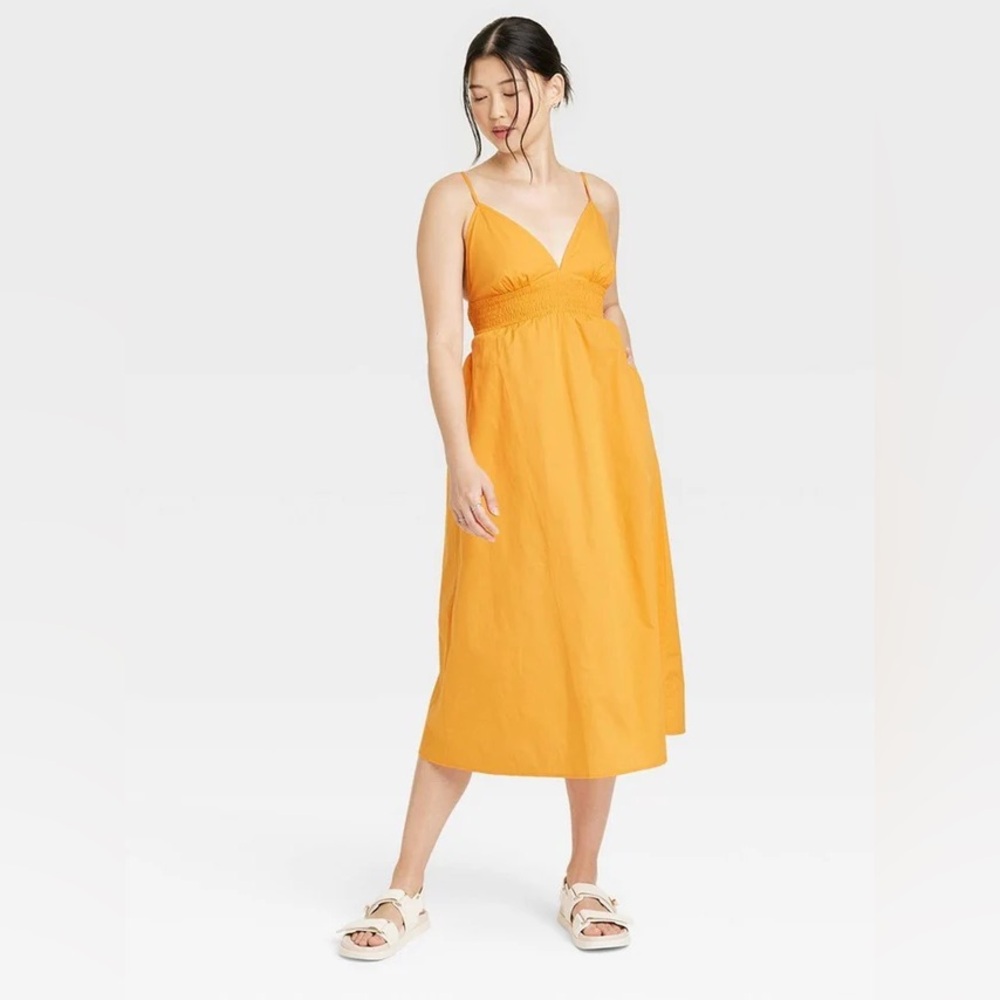 NWT a new day Women's Vibrant Orange Smocked Midi Dress